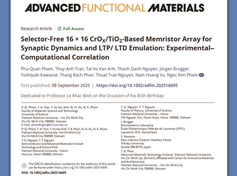 BƯỚC TIẾN MỚI CỦA KHOA KH&CN VẬT LIỆU, ĐHQG-HCM TRÊN ADVANCED FUNCTIONAL MATERIALS