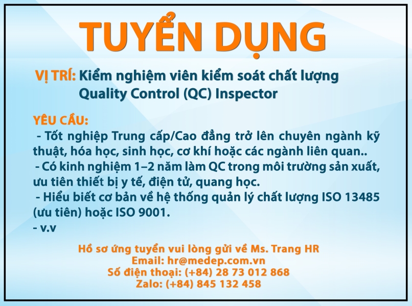 CÔNG TY CỔ PHẦN NHÀ MÁY THIẾT BỊ Y HỌC VÀ VẬT LIỆU SINH HỌC TUYỂN DỤNG 