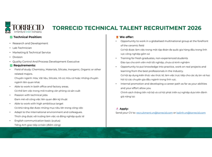  THÔNG TIN TUYỂN DỤNG Công ty TNHH Torrecid Việt Nam